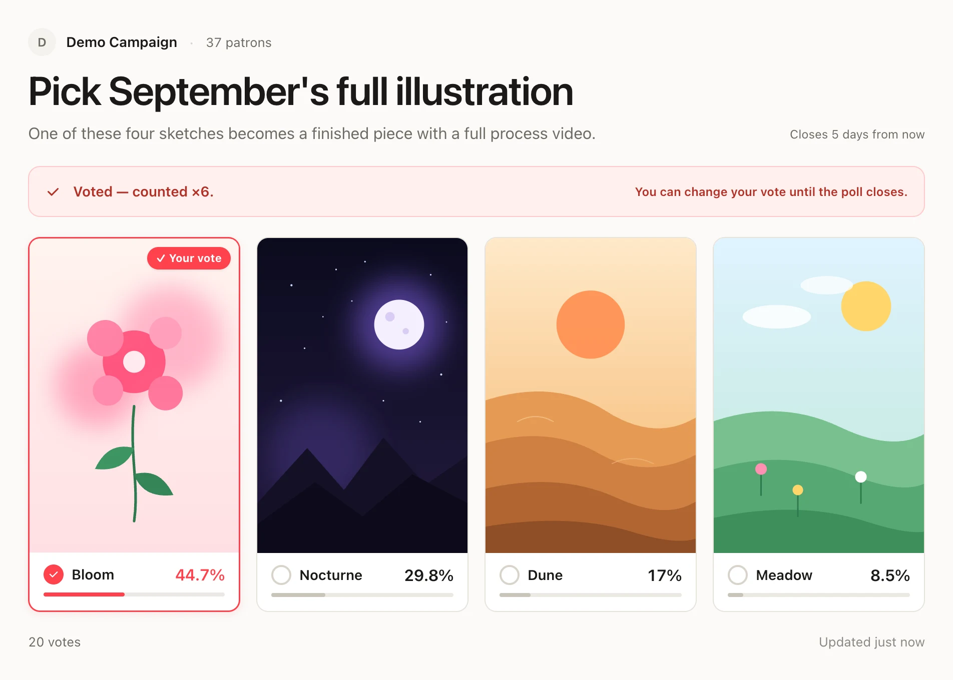 Grid poll of four artworks with percentages under each